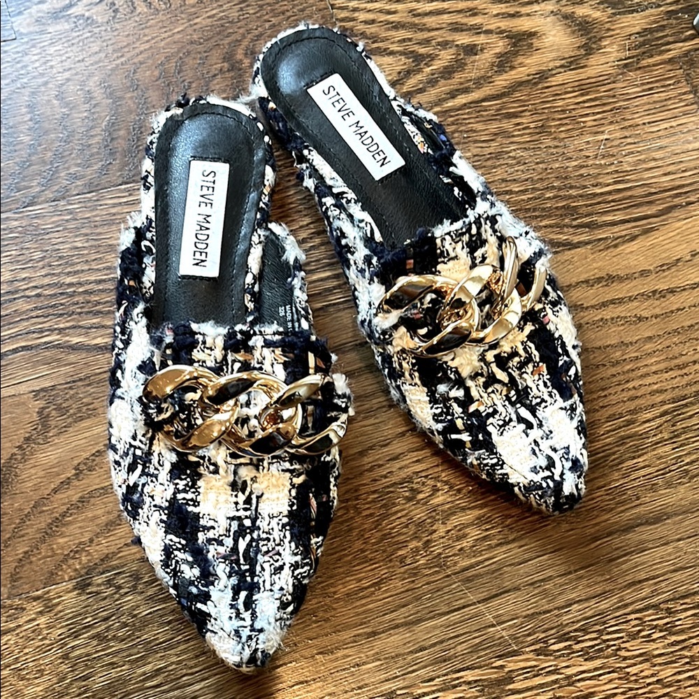 Steve Madden Black & White Tweed Mules 5.5